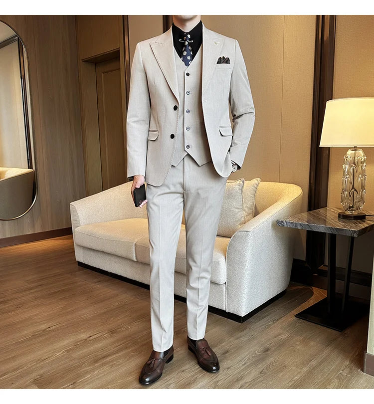(Blazer + Vest + Trousers) 2024 New Men Formal Business Solid Suit 3 Pieces Set Italian Style Luxury Wedding Social Party Tuxedo