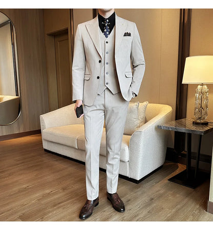 (Blazer + Vest + Trousers) 2024 New Men Formal Business Solid Suit 3 Pieces Set Italian Style Luxury Wedding Social Party Tuxedo