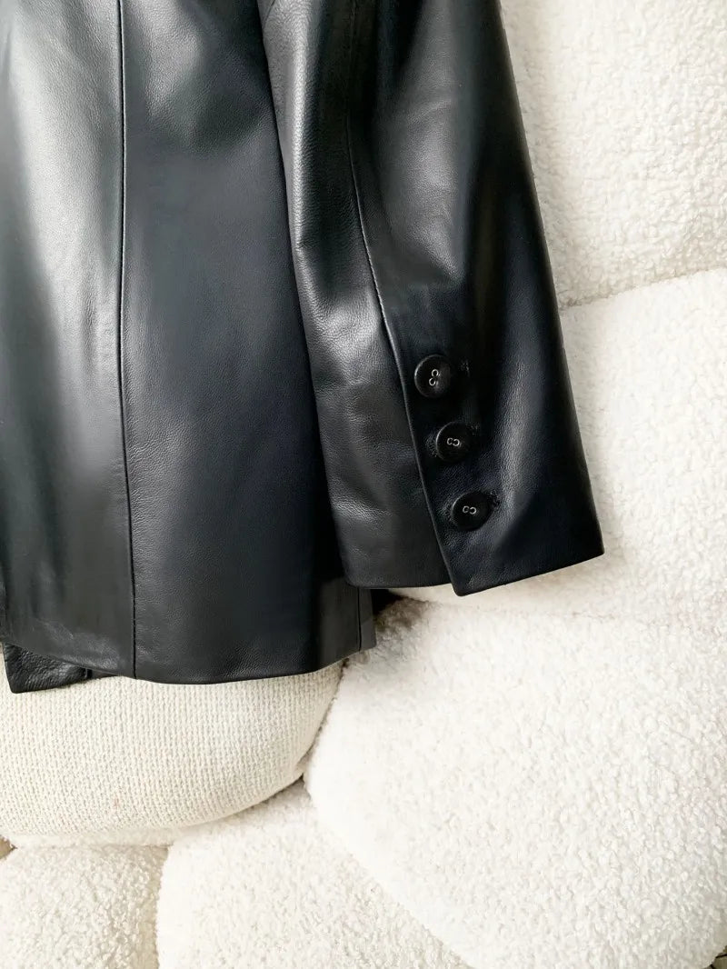 High Quality Women Single Breasted Genuine Leather Suit Jacket Fashion Office Lady Lapel Collar Slim Fit Sheepskin Blazers