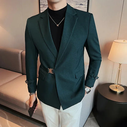 Men's Slim Fit Blazer Metal Buckle Decoration Smart Casual Wedding Party Jacket