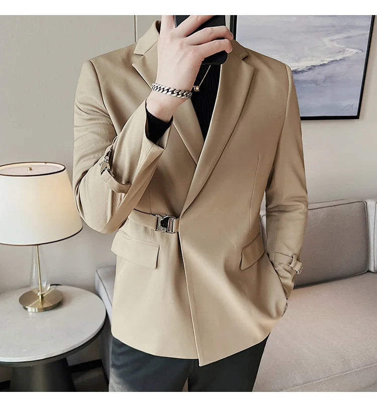 Men's Slim Fit Blazer Metal Buckle Decoration Smart Casual Wedding Party Jacket