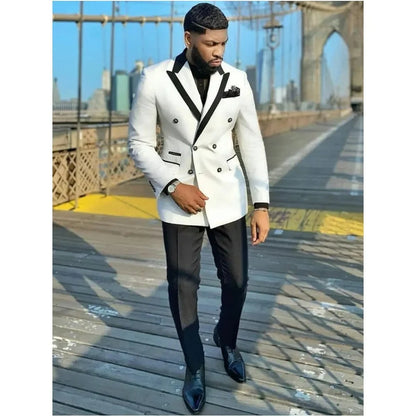 Men's Double-breasted Tailored Tuxedo White Personalized Peak Lapel Slim Fit Groomsmen Smoking Suit Casual Outfit Set