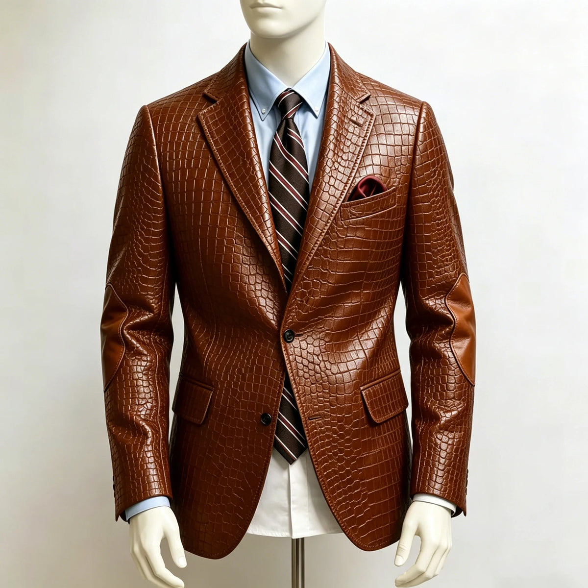 Men's Crocodile Embossed Leather Brown Jacket Patchwork Lapel Collar Slim Fit Luxury PU Blazer For Business Casual Party