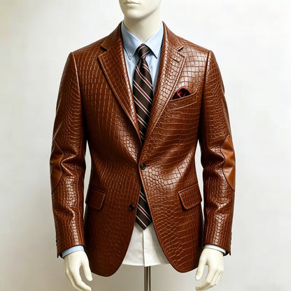 Men's Crocodile Embossed Leather Brown Jacket Patchwork Lapel Collar Slim Fit Luxury PU Blazer For Business Casual Party