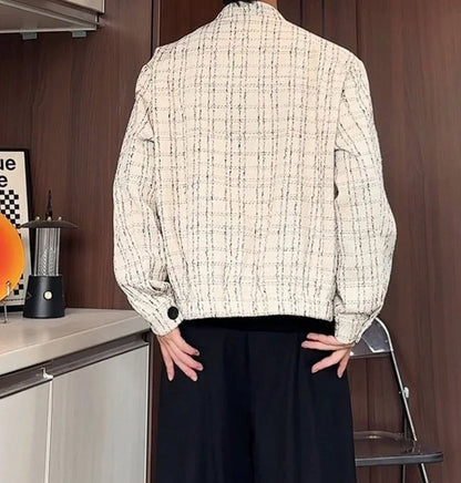 Men's Spring High-End Plaid Blazer Bad Boy Style Cropped Jacket Chinese Stand Collar Suit Outerwear