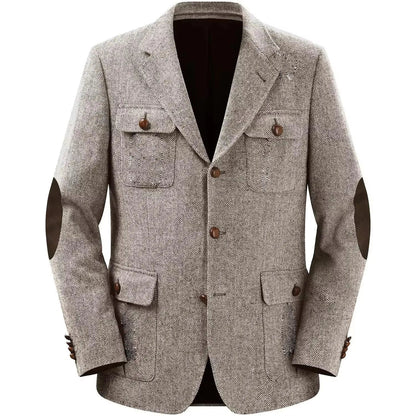 Autumn Winter Multi-Pocket Hunting Jacket Herringbone Tweed Men's Sporty Formal Blazers Suit Vintage Elegance Menswear 2025 NEW