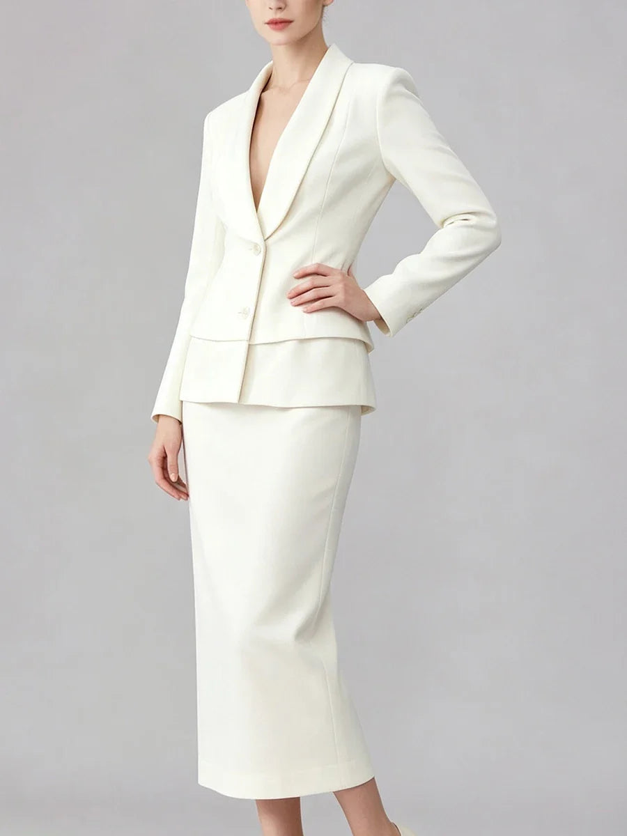 Women  Lapel Blazer Midi Skirt Single Breasted Slim Waist Long Sleeve Formal Office Business Outfit Set