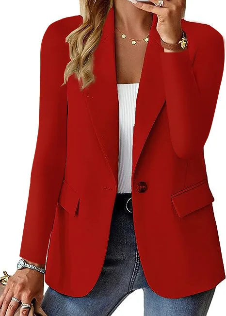 Women's Solid Color Single Button Blazer Autumn Long Sleeve Lapel Office Jacket Slim Fit Casual Workwear with Front Pockets