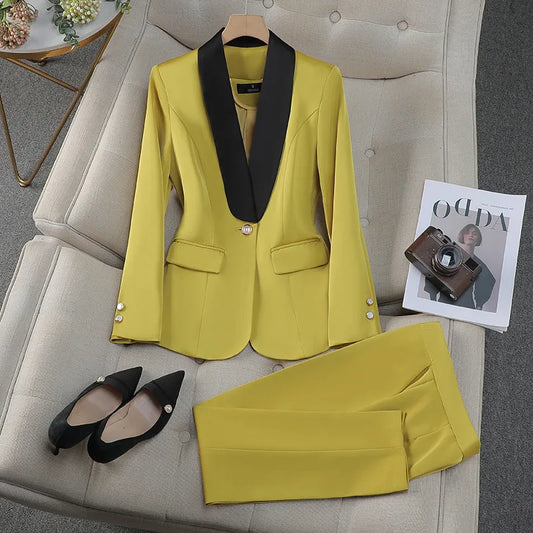Elegant Women's Blazer Pants Sets Autumn Fashion Shawl Collar Jacket Trousers Suit Office Lady Work Outfit Matching Set