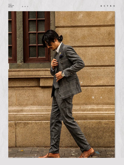 Retro British Style Double Breasted Suit Jacket Men's Checkered Business Formal Suit Wedding Professional Suit