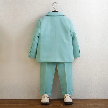 Kid Light Green 5Pieces Suit Set With Jacket Vest Pants Bowtie Brooch Boys Wedding Birthday Party Piano Performance Costume