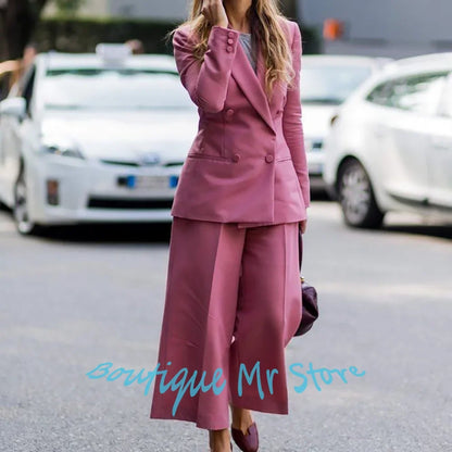 Pink Wide-Leg Women’s Jacket+Pants Suit Double-Breasted Blazer 2Piece Set for Office Business Casual Formal Party Streetwear