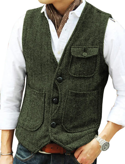 Men's Suit Vest Single Breasted Herringbone Smart Casual Wedding Business Waistcoat