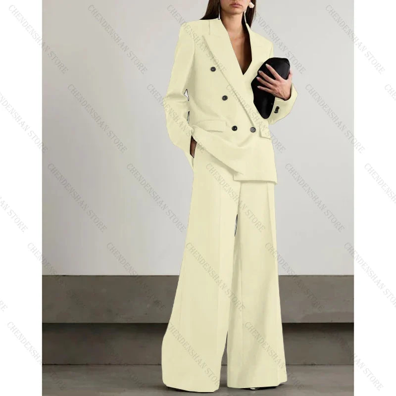 Chic Loose Dark Brown Double Breasted Women Pants Set High-end Female Two Pieces(Jacket+Trousers)أطقم بناطيل