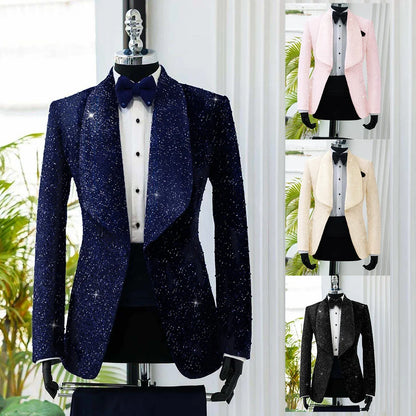 Men's Suit 2 Pieces Velvet Blazer Black Pants One Button Wide Lapel Business Beads Formal Work Wear Wedding Groom Costume Homme