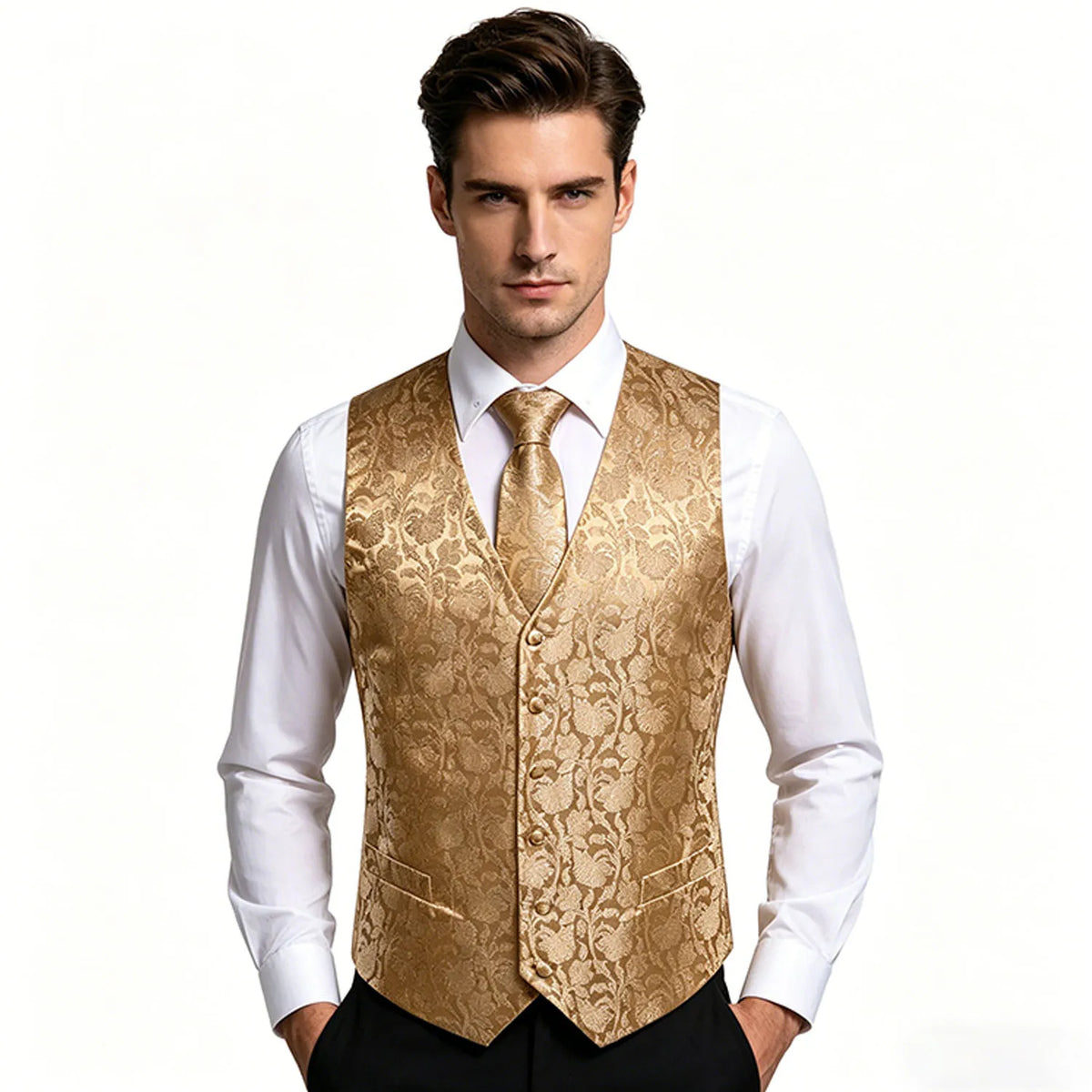 Men's Jacquard Floral V-Neck Suit Vest & Matching Tie Set, Formal Fit Waistcoat for Wedding, Prom, Business Party