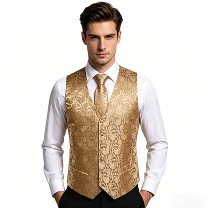 Men's Jacquard Floral V-Neck Suit Vest & Matching Tie Set, Formal Fit Waistcoat for Wedding, Prom, Business Party