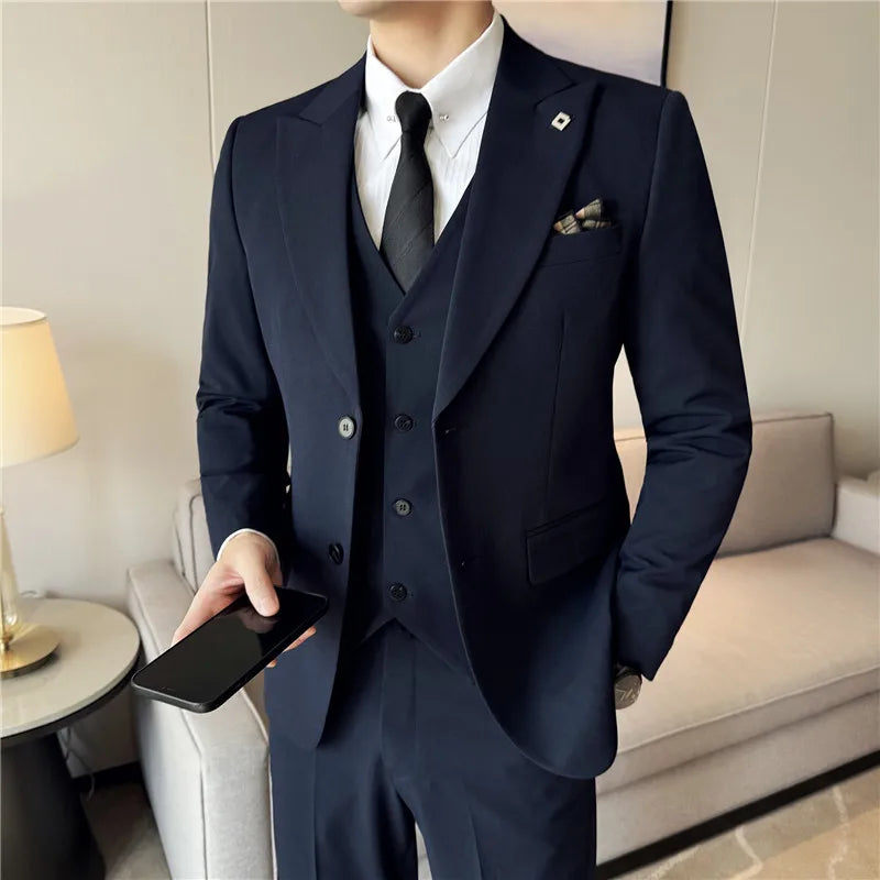 Men's 3 Piece Suit Set Double‑Button Solid Color Slim Fit Business Casual Wedding Banquet Party Jacket Vest Pants Formal Outfit
