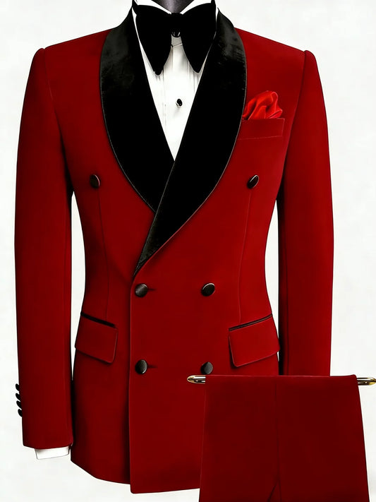Velvet Slim Fit Men's Suit 2 Pcs Set Double-Breasted Shawl Lapel Blazer Formal Tuxedo for Wedding Prom Male Dinner Outfit