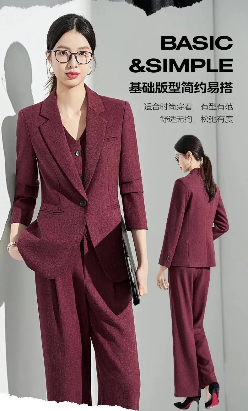 Formal Office Lady Slim Fit 2 Piece Suits Autumn Dark Brown Single Button Blazer And Pants Elegant Business Female Work Wear