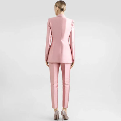 Classic Women Baby Pink Glossy Satin Suit 2 Piece Single Button Peaked Lapel Jacket Pants Slim Fit Formal Banquet Female Outfit