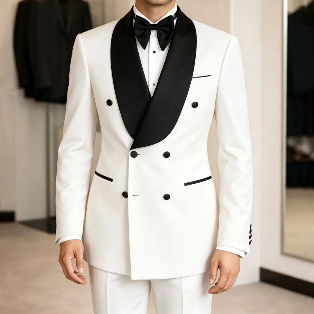 Men Suit Yellow 2 Pieces Double Button With Black Lapel For Wedding Birthday Banquet Party Business Work Office Jacket Pants