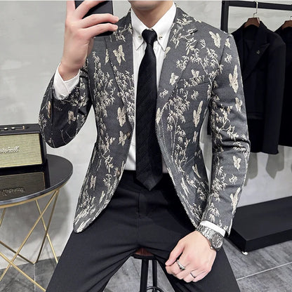High-end Luxury Printed Slim Fit Suit Jacket For Men 2024 Autumn New Fashion Social Party Casual Suit Coat Swallowtail 4XL-M