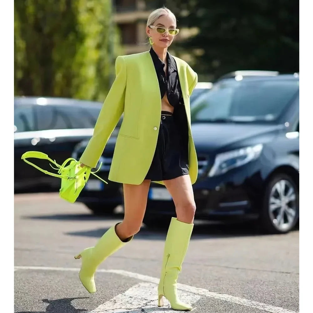 Women Jacket Fluorescence Green Summer Chic Long Sleeves One Button Solid Basic Blazer Fashion Casual Daily Jacket 1 Piece