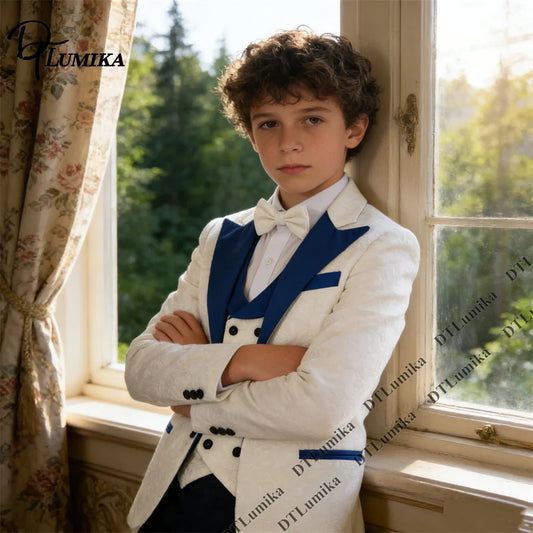Boys 3-Piece Tuxedo Suit Set with Blue Shawl Collar, Vest & Bow Tie for Weddings & Formal Occasions