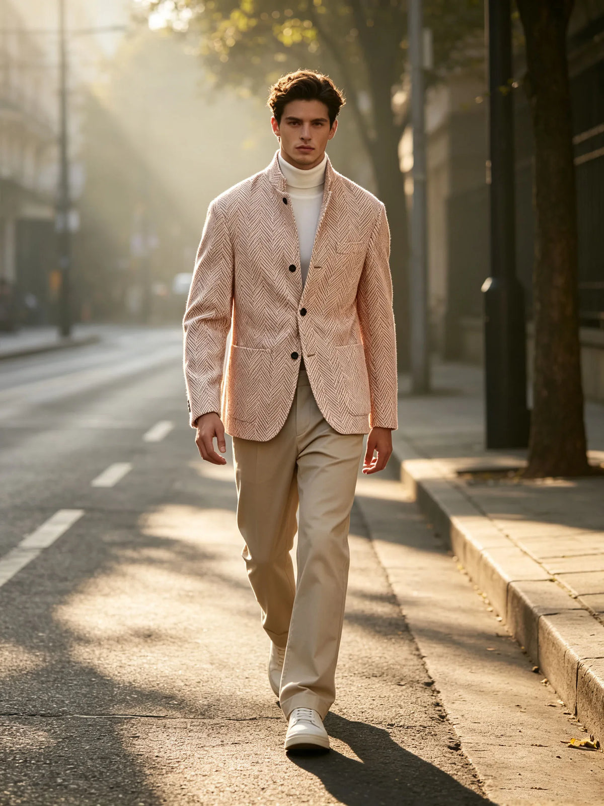 Men's Herringbone Tweed Stand Collar Blazer  Notch Lapel Slim Fit Wool Blend Sport Coat Business Casual Wedding Prom Man Jackets