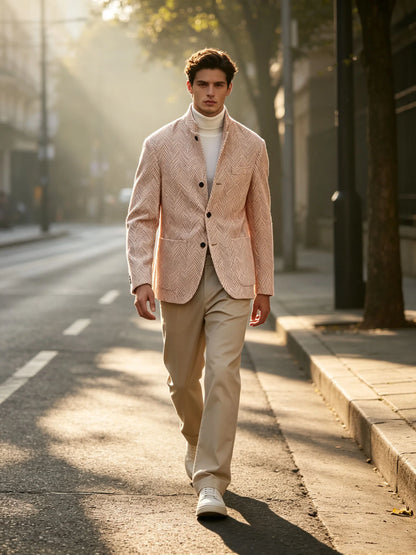 Men's Herringbone Tweed Stand Collar Blazer  Notch Lapel Slim Fit Wool Blend Sport Coat Business Casual Wedding Prom Man Jackets