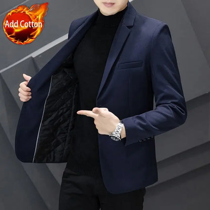 Men's Winter Cotton-Padded Thick Double-Breasted Casual Blazer Korean Style Trendy Solid Color Dark Blue Black Suit Jacket
