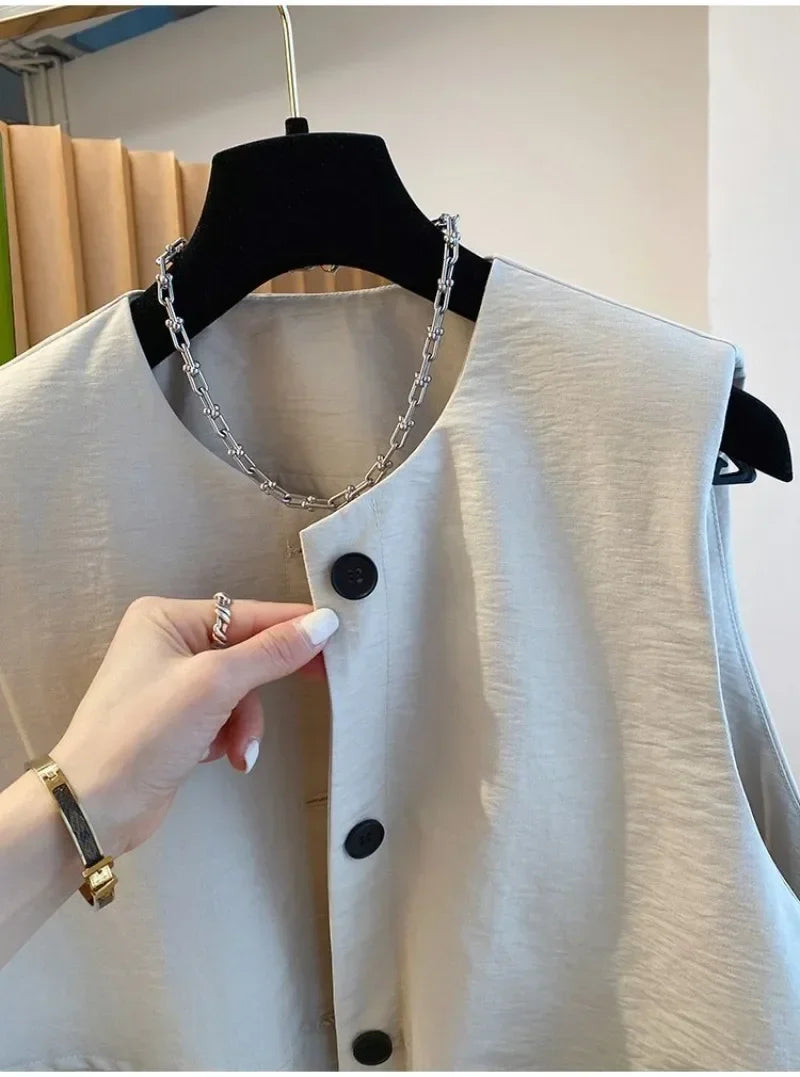 Vest Female Spring Autumn Casual Lined Waistcoat Women O-Neck Sleeveless Jacket Women Solid Single-breasted Vest Coat