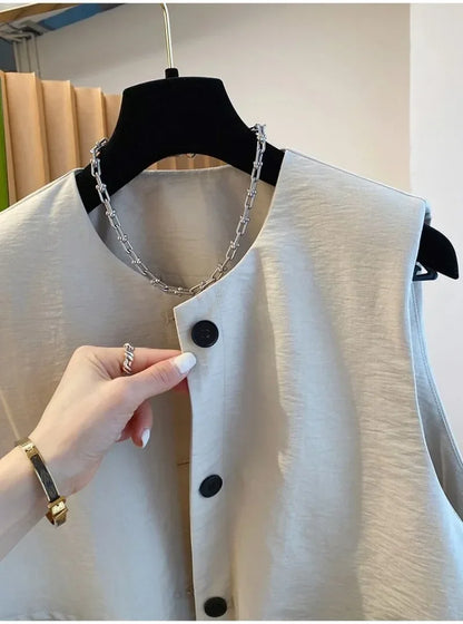 Vest Female Spring Autumn Casual Lined Waistcoat Women O-Neck Sleeveless Jacket Women Solid Single-breasted Vest Coat