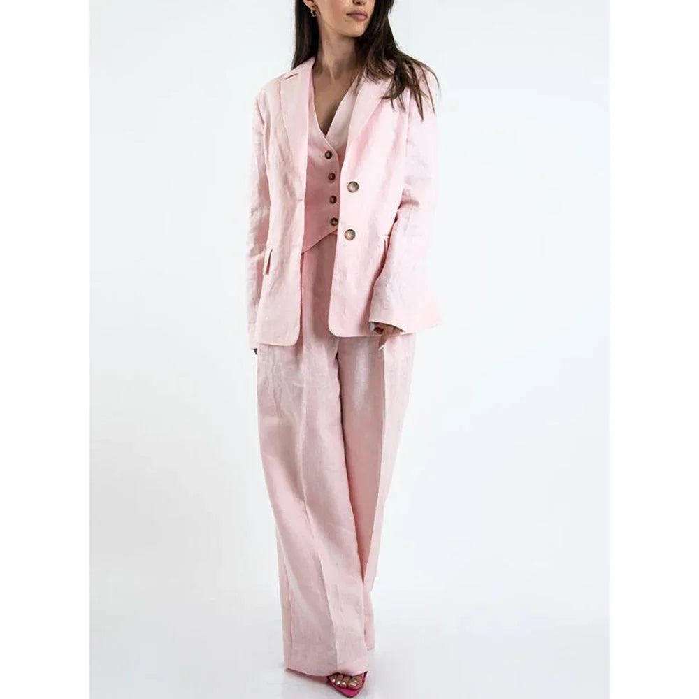 High-end Pink Linen Women Pants Set New Female Three Pieces(Blazer+Trousers+Vest) conjuntos para mujeres 3 piezas