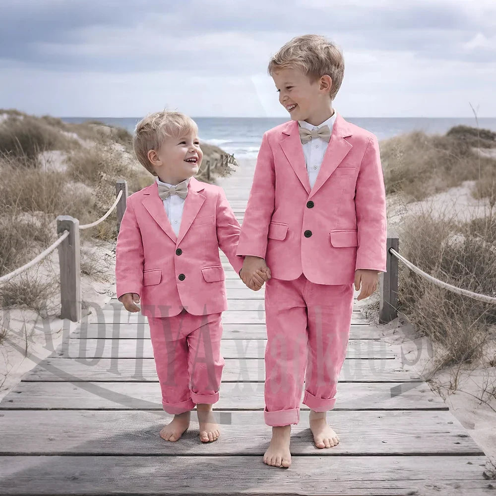 Beige Linen 2 Pieces Boys Suit Jacket Pants Kids Ring Bearer Outfit Breathable Summer Beach Wedding Birthday Party Costume