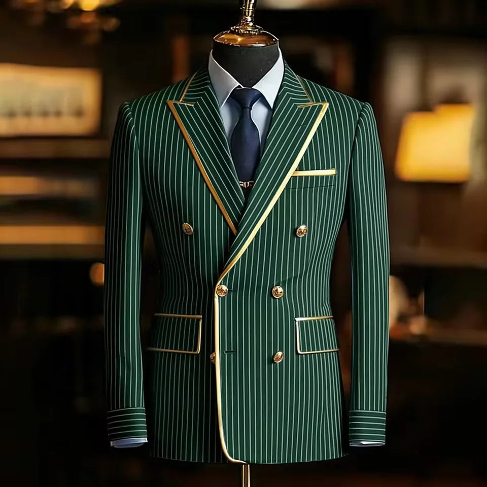 Pinstripe Double Breasted Peak Lapel Mens Suit Jacket Business Slim Fit Gold Trim Striped Coat Formal Wedding Prom Banquet Party