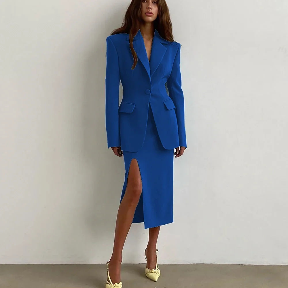 Professional Women's Single Button Notch Lapel Blazer Suit Side Slit Midi Skirt Set Elegant Party Office Fashion 2Piece Outfit