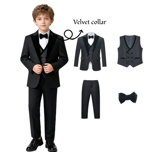 Boys 4-Piece Formal Suit Set with Velvet Collar for Weddings & Special Occasions – Jacket, Vest, Pants & Bow-Tie