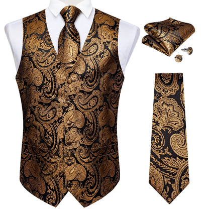 Men's Paisley Waistcoat Set – Single Breasted Formal Vest with Necktie and Pocket Square for Weddings and Business Events