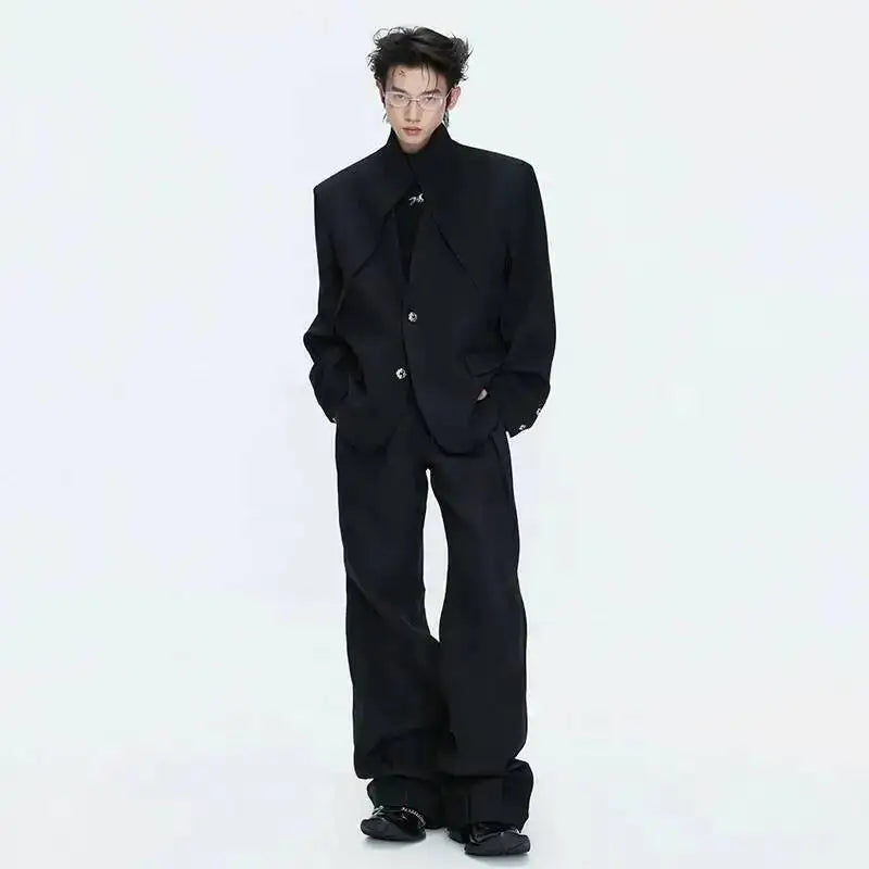 2026 Spring Patchwork Design Cross Collar Solid Color Casual Jacket Men Fashion Elegant Temperament Straight Pants JY6553