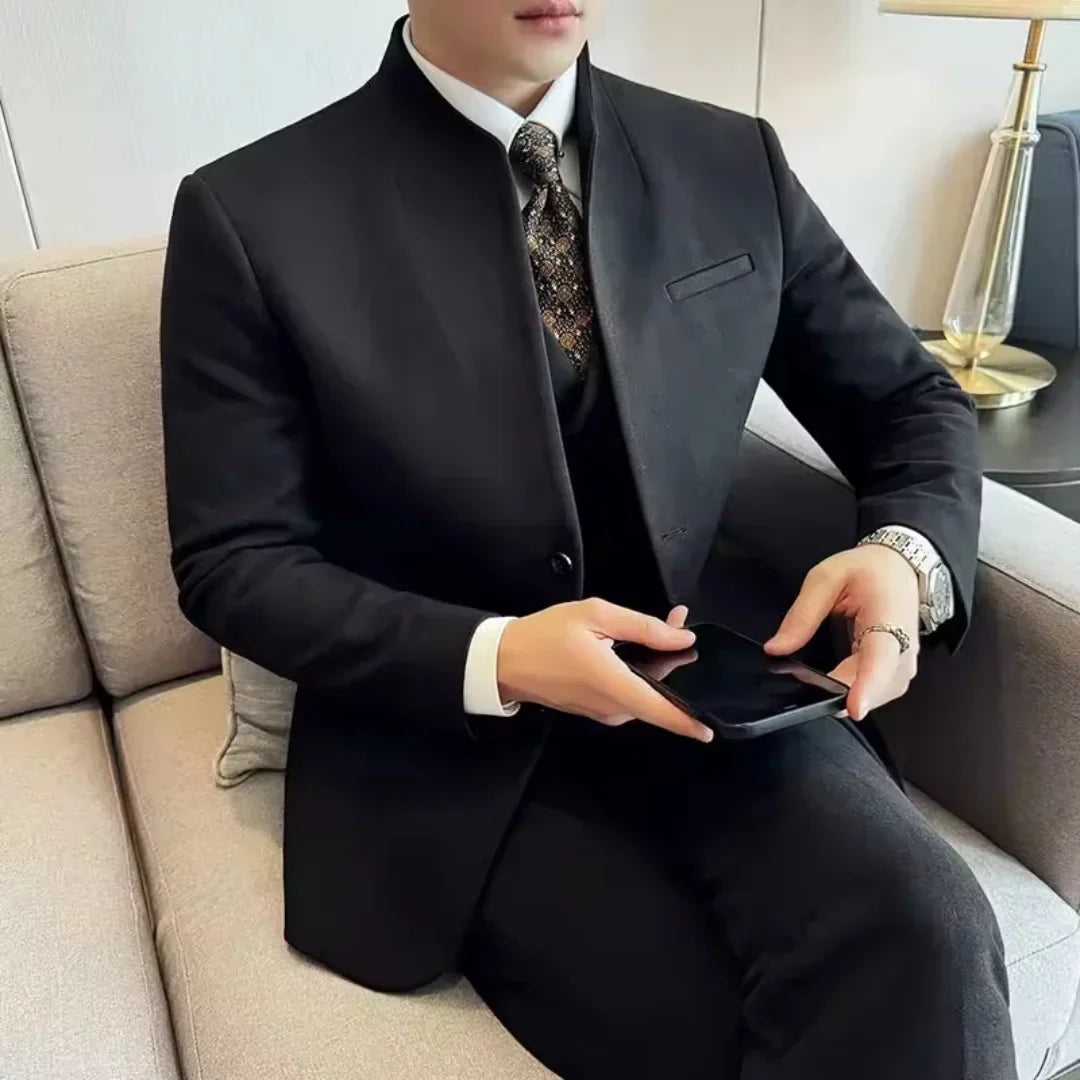 Chinese style collarless wool men's suit slim fit business suit wool suit 3-piece set wedding formal men's suit