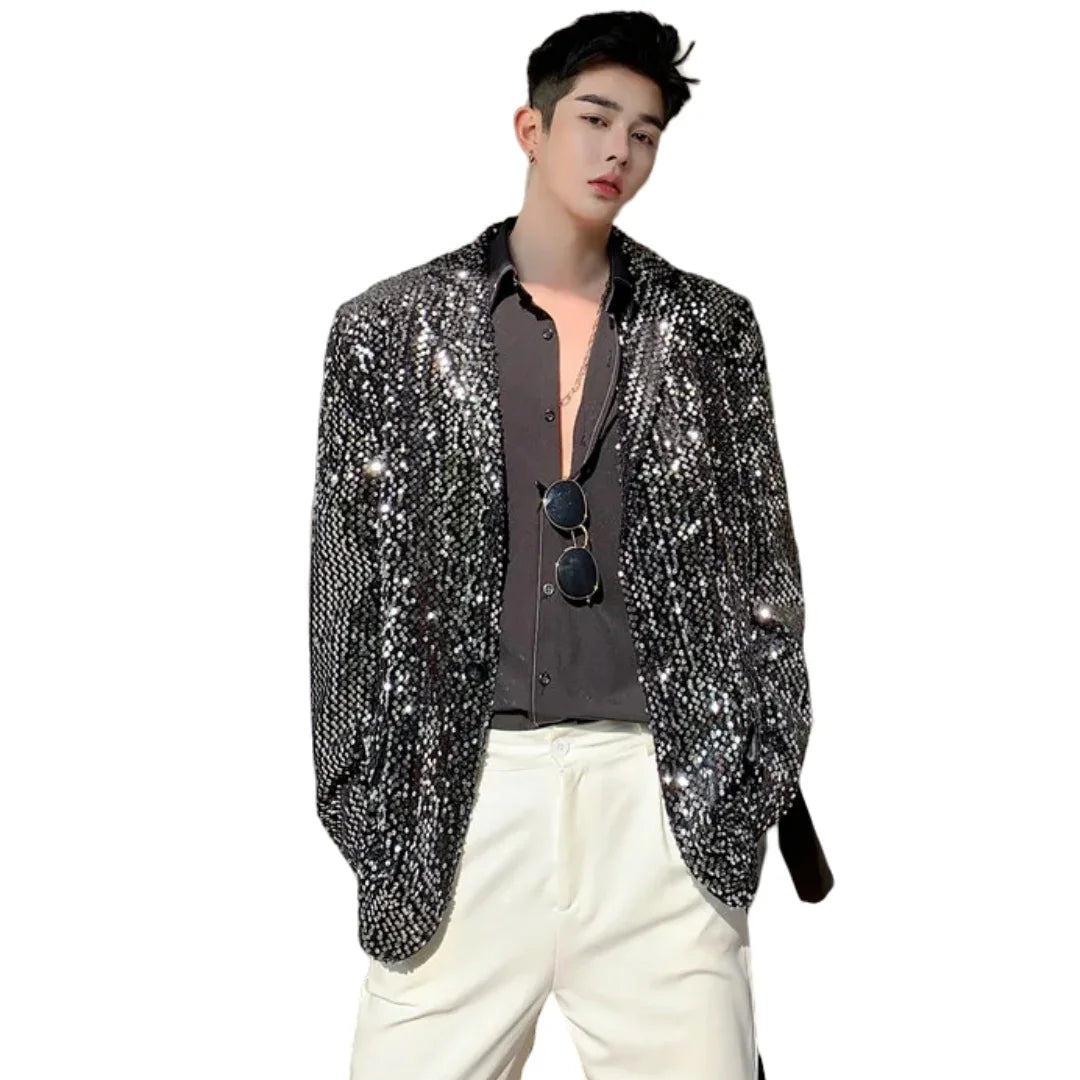 Sparkly Black Sequins Blazer Jacket Evening Party Nightclub Bar Male Singer Stage Performance Costume Fashion Loose Casual Coat