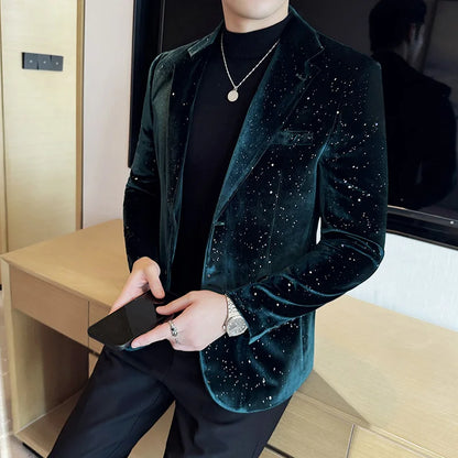 2025 Autumn New Velvet Jacket Men's Blazer Business Fashion Hot Stamping Printed Suit Jacket High-quality Luxury Dress Suit