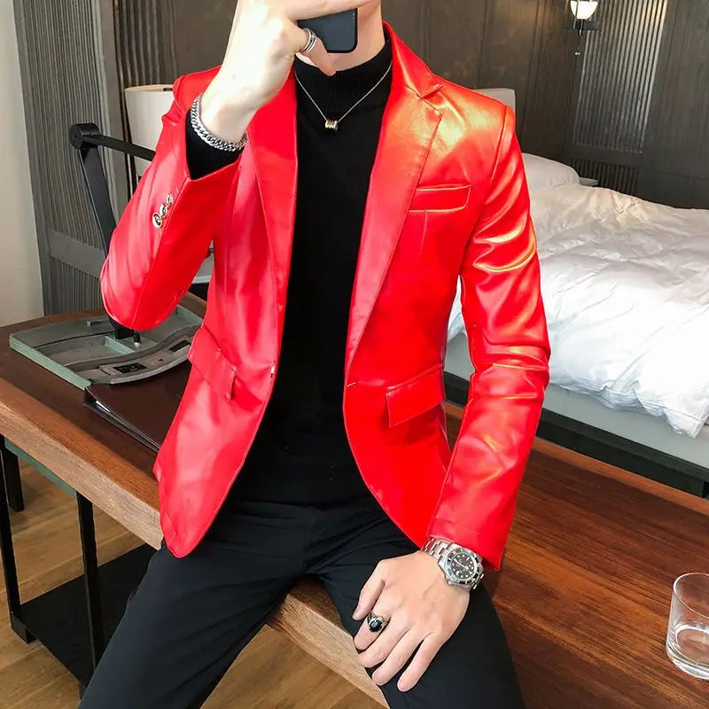 Thin Leather Man Suits and Blazers Simple Breasted Clothing Handsome Classic Menswear High Quality Coats Casual Jacket for Men