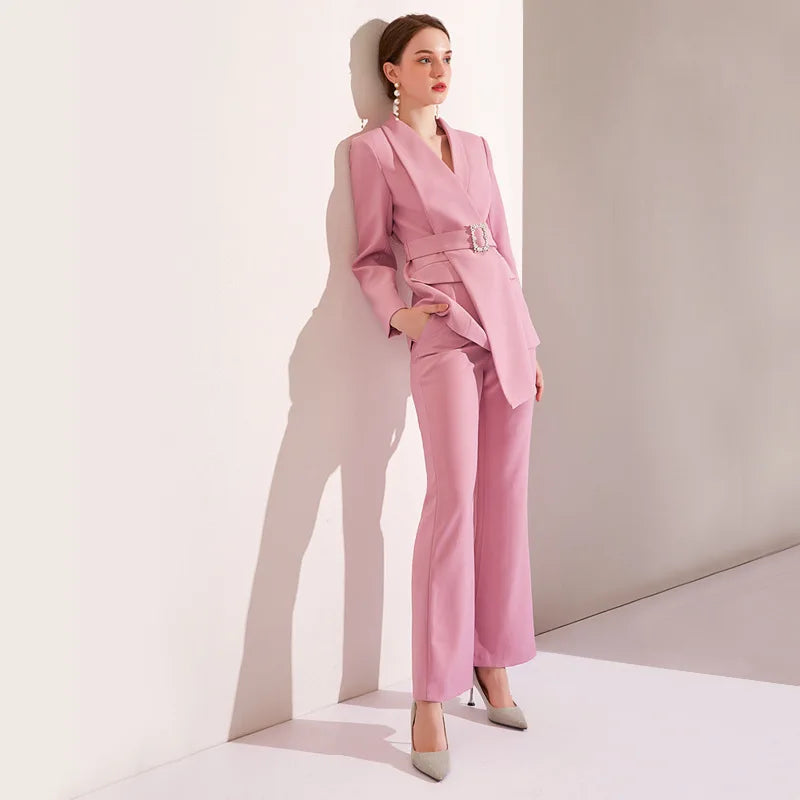 High Quality Women Belt Business Attire blazers Trousers Suits Set 2 Piece Elegant Slim Fit Pink Formal Office Lady Blazer Suits