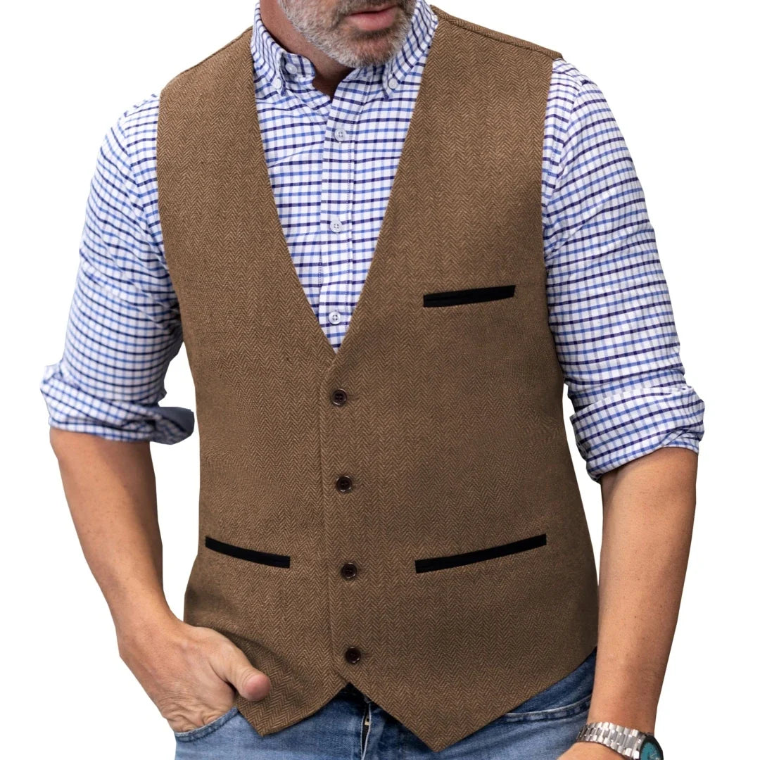 Men's Herringbone Tweed Vest Single Button V-Neck Waistcoat for Weddings and Formal Occasions