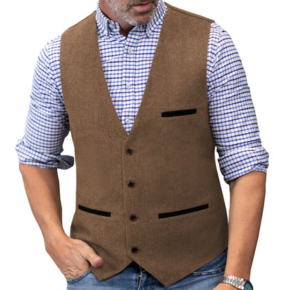 Men's Herringbone Tweed Vest Single Button V-Neck Waistcoat for Weddings and Formal Occasions
