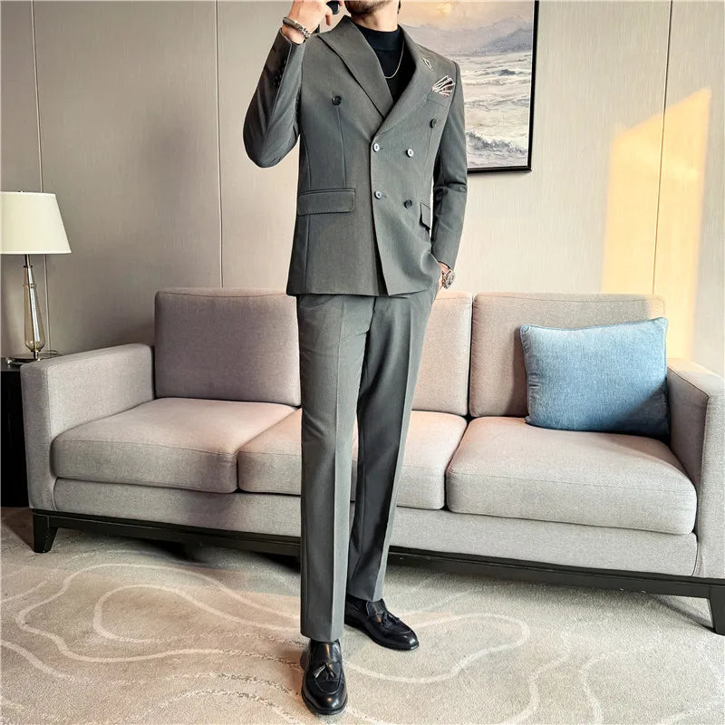 (Jacket + Pants) Fashion Double Breasted Design Slim Men's Suit Italian Style Luxury Wedding Social Party Tuxedo 2 Piece Sets