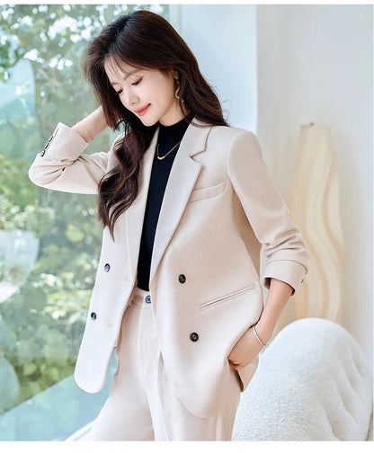 Autumn Winter 2024 New Apricot Coffee Black Elegant Double Breasted Blazer Top And Women High Waist Wide Leg Pant Two Piece Set